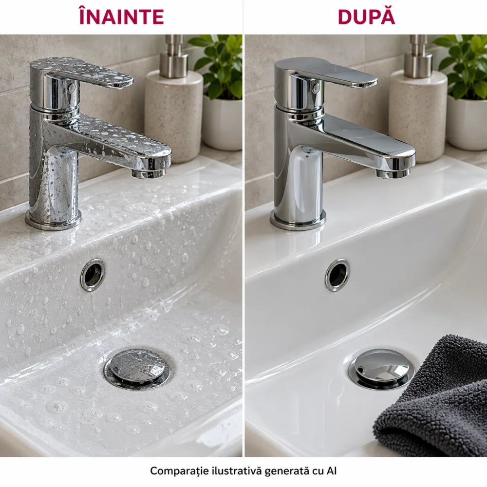 Comparație ilustrativă înainte și după: stropi pe lavoar și baterie