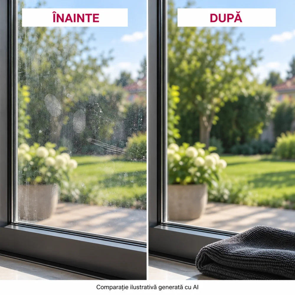 Comparație ilustrativă înainte și după: amprente pe geam