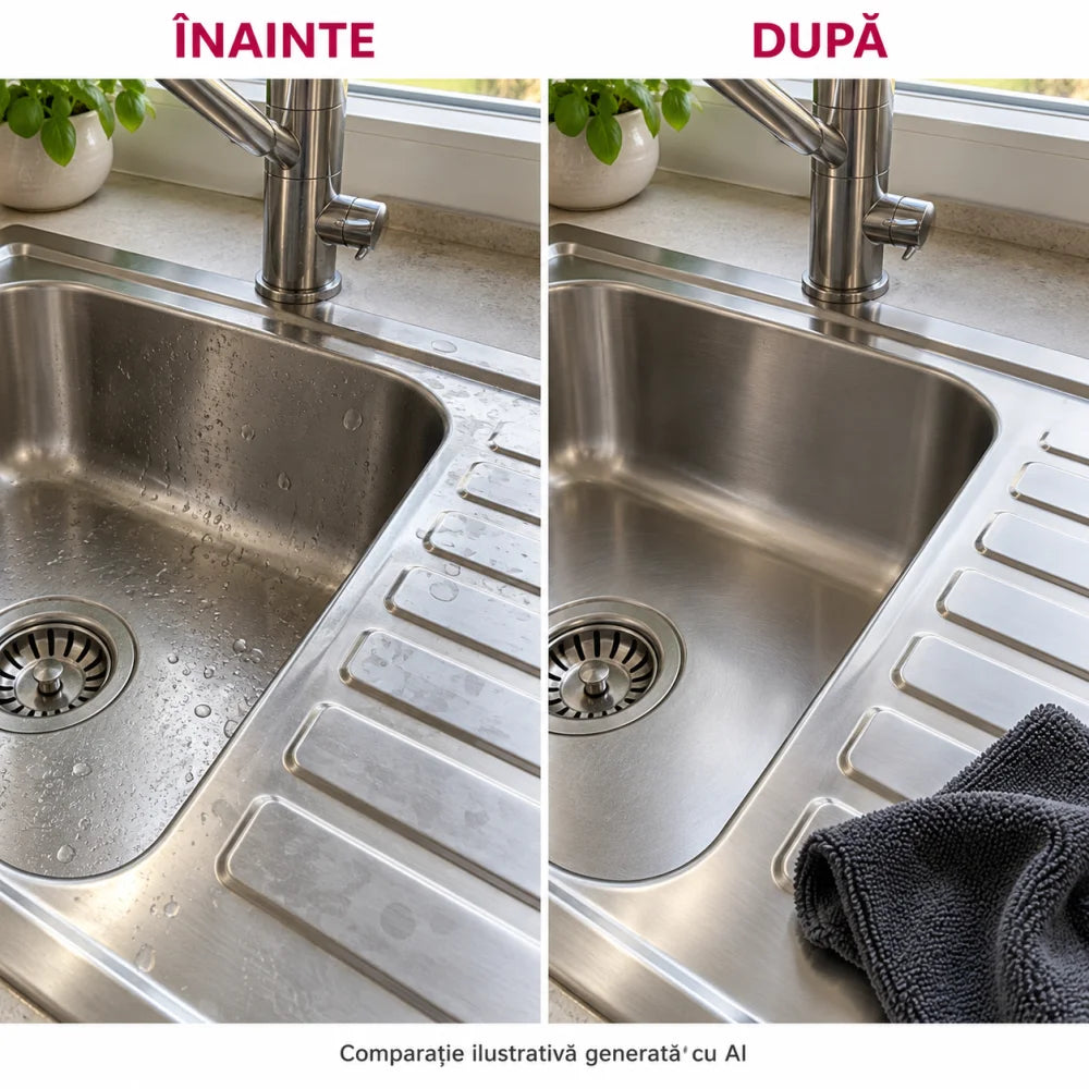 Comparație ilustrativă înainte și după: urme de apă pe chiuveta din inox